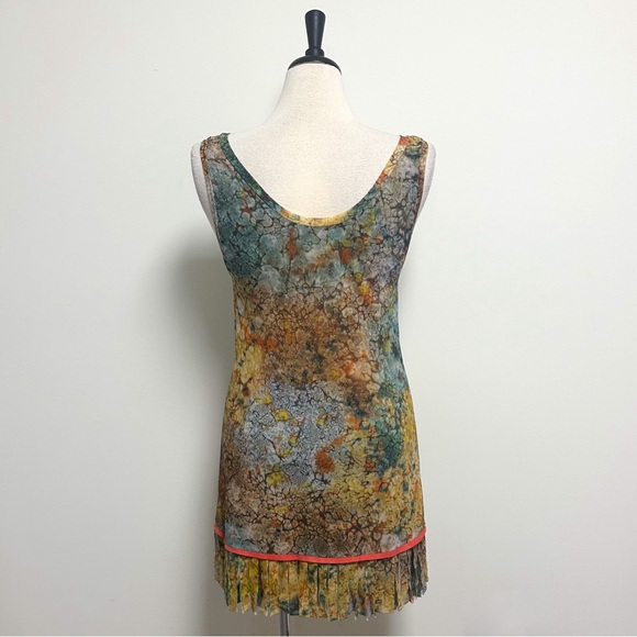 Shan Canada Abstract Mesh Scoop Neck Sleeveless Fringe Layered Mini Dress Tunic - Picture 5 of 9